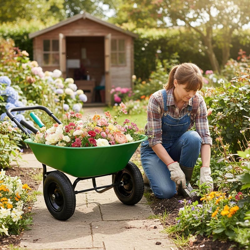 ERGOMASTER Dual-Wheel Wheelbarrow, Home Utility Garden Cart, Large Heavy Duty Yard Cart for Gardening (Bright Green) - Image 4